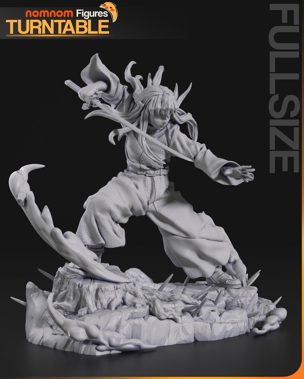 Sculptor's render (kit ships unpainted): gray view from his right with the katana across the frame and the wood splinters on the rock
