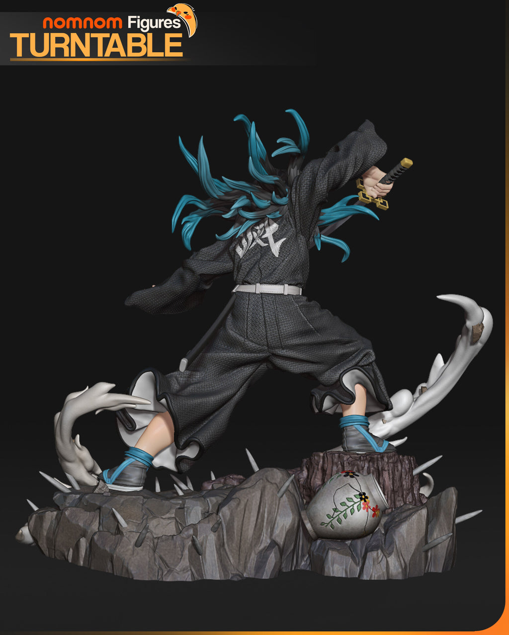 Sculptor's render (kit ships unpainted): rear view showing the white character on the back of the jacket, the hair and the painted pot by the stump