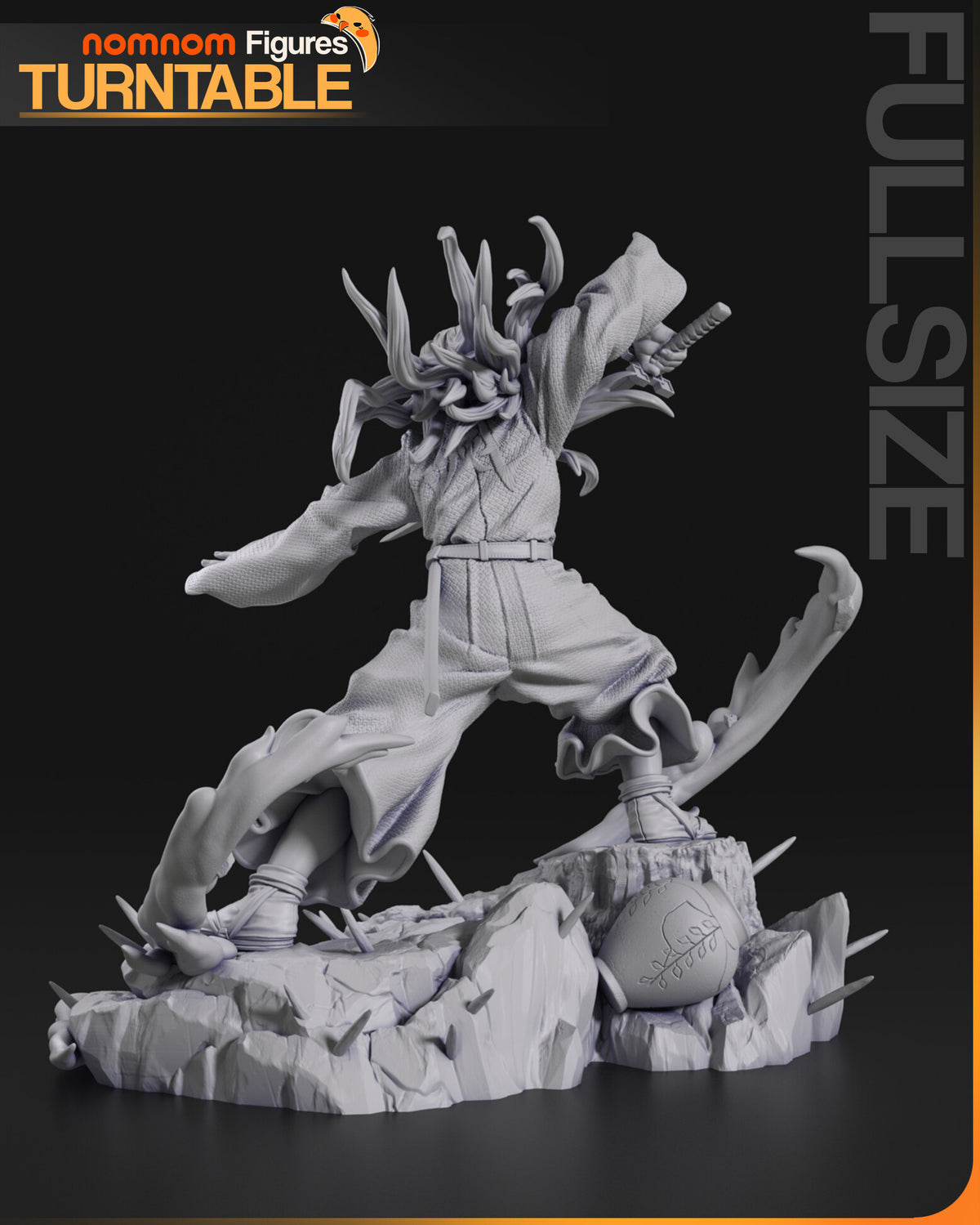 Sculptor's render (kit ships unpainted): gray rear view of the hair, the jacket and the pot against the stump