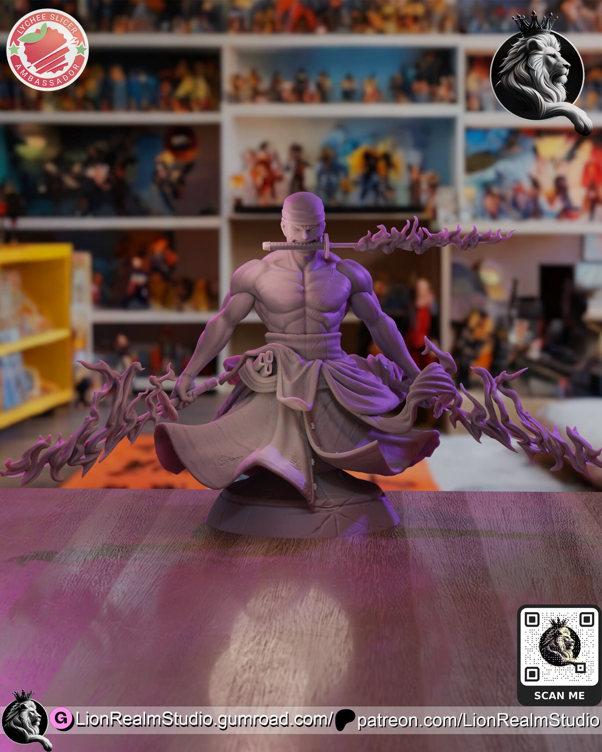 Sculptor's render of the design, shown unpainted in gray (kit ships unpainted): the swordsman bust with a flaming sword in each hand and a third in his teeth, the kimono skirt flaring over an oval pedestal