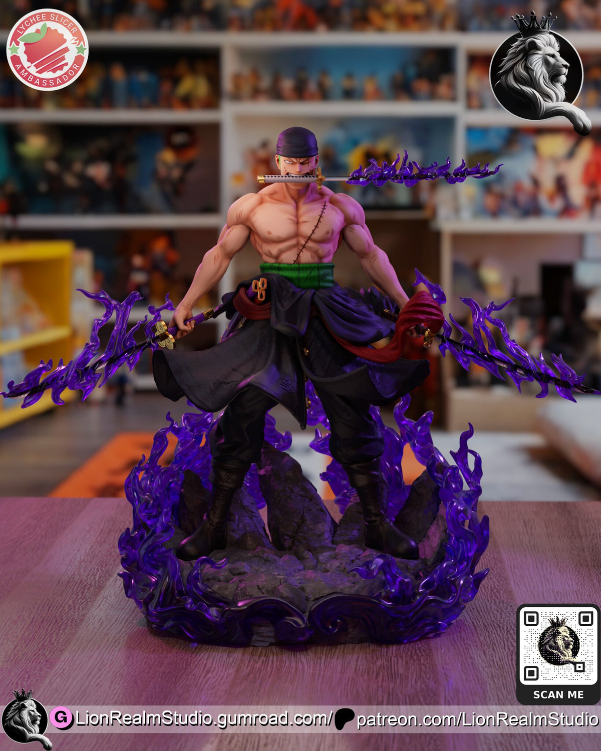 Sculptor's render of the painted design (kit ships unpainted): front view of the bare-chested swordsman with a sword in each hand and a third in his teeth, purple flames on the blades, on the flame-ring rock base
