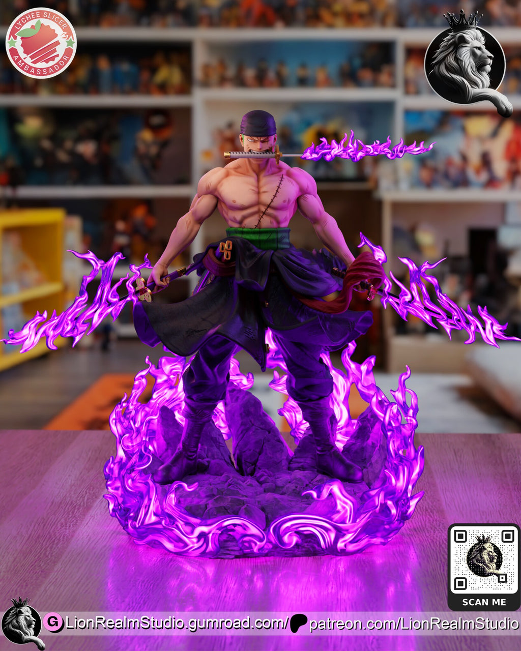 Sculptor's render (kit ships unpainted): the same front view with the purple flames lit as if glowing