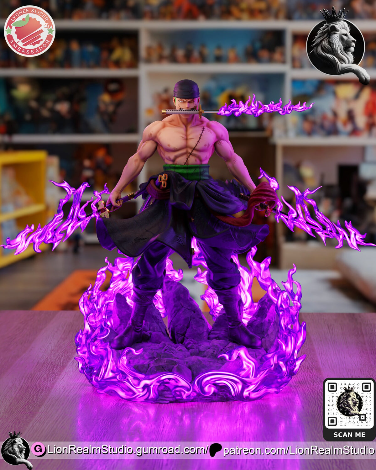 Sculptor's render (kit ships unpainted): the same front view with the purple flames lit as if glowing