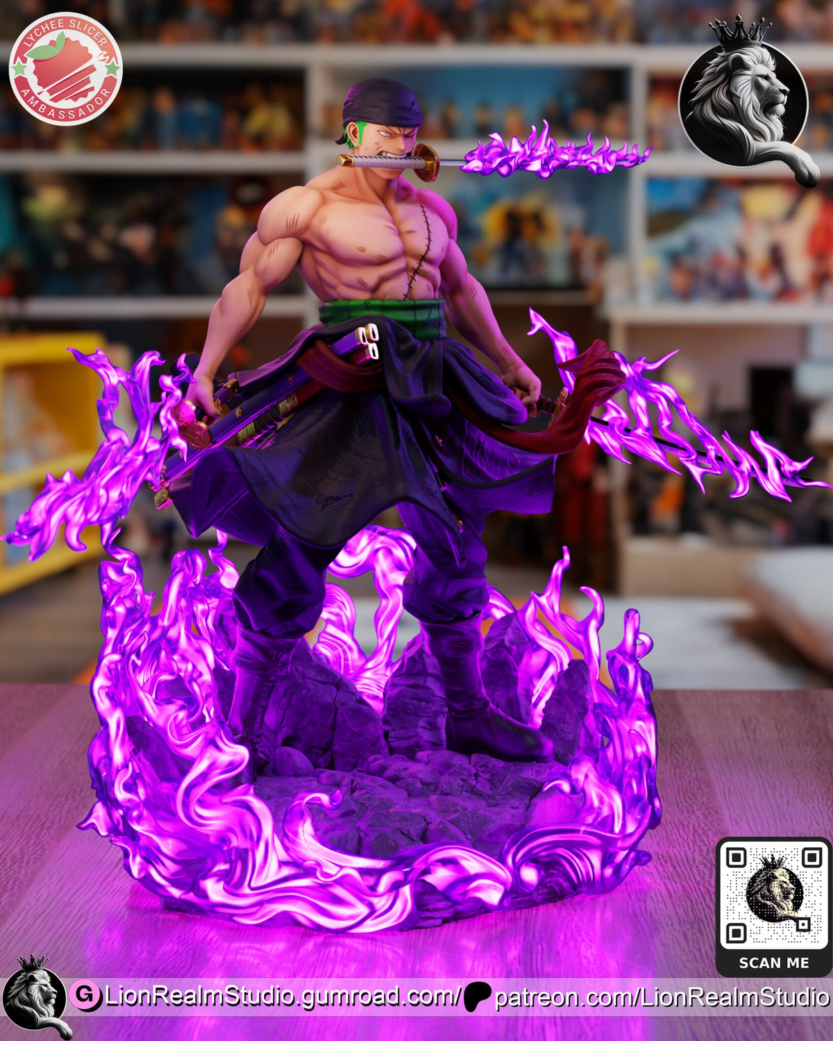 Sculptor's render (kit ships unpainted): three-quarter view from his right with the glowing flame ring around the base