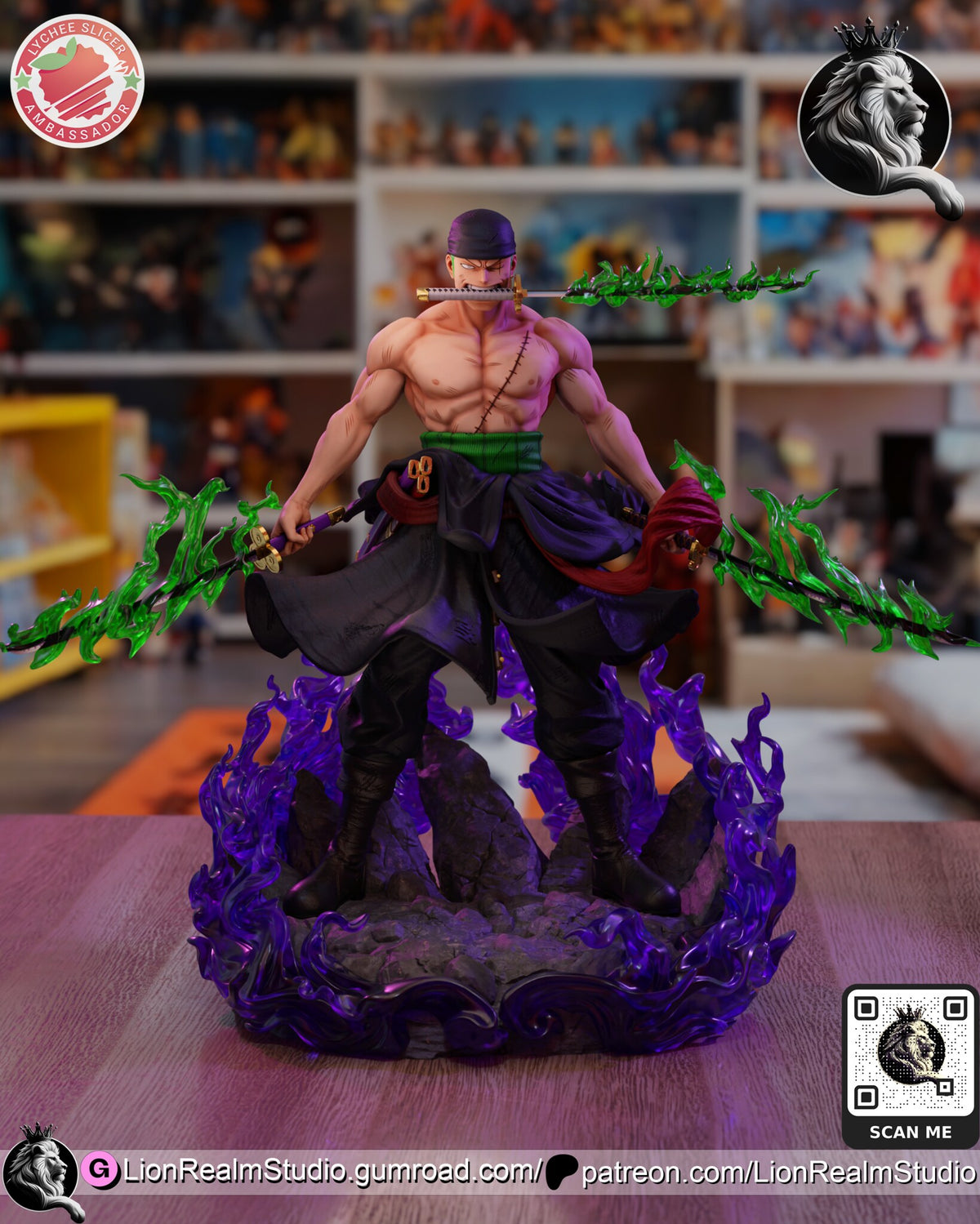 Sculptor's render (kit ships unpainted): front view with the blade flames painted green, the base flames left purple