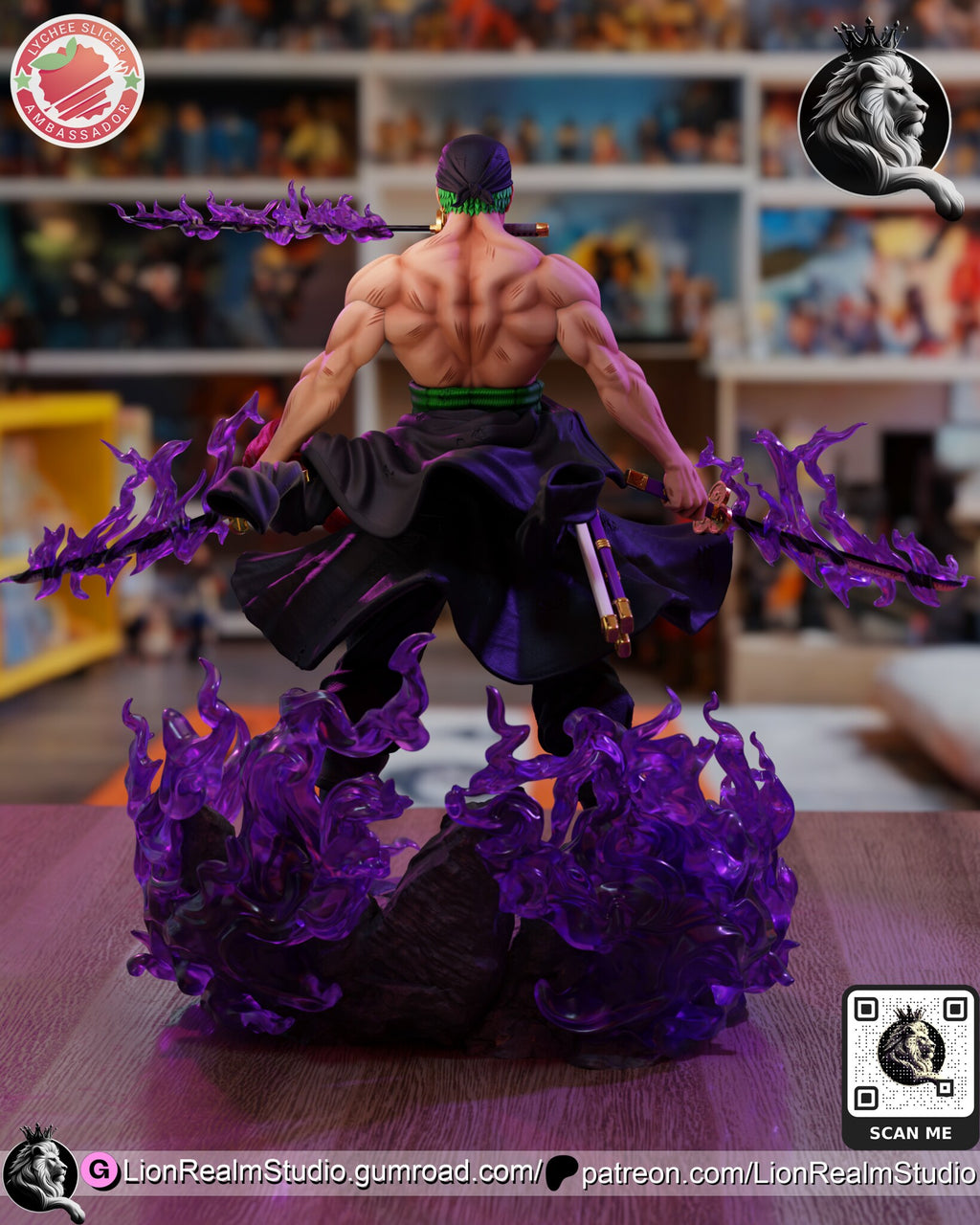 Sculptor's render (kit ships unpainted): rear view of the muscled back, the kimono skirt and the white scabbard, with the flame ring behind