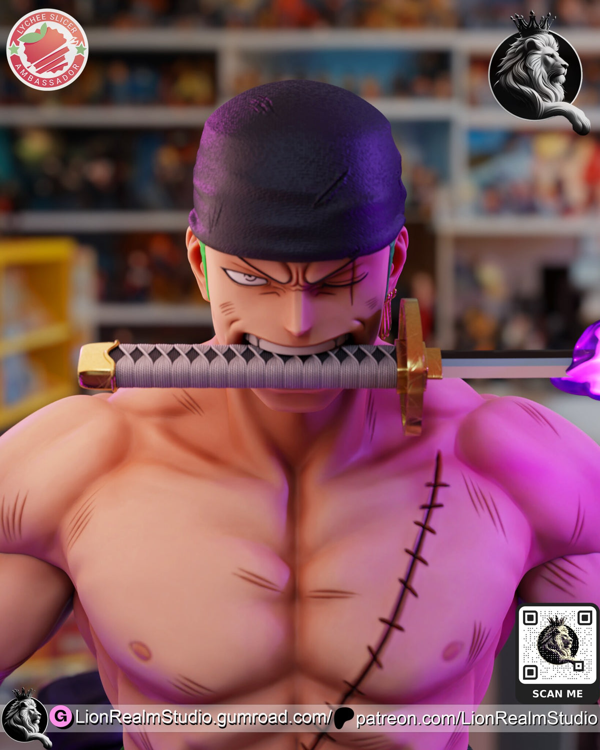 Sculptor's render (kit ships unpainted): close-up of the scarred face with the sword clenched in his teeth, the bandana and the stitched scar across the chest