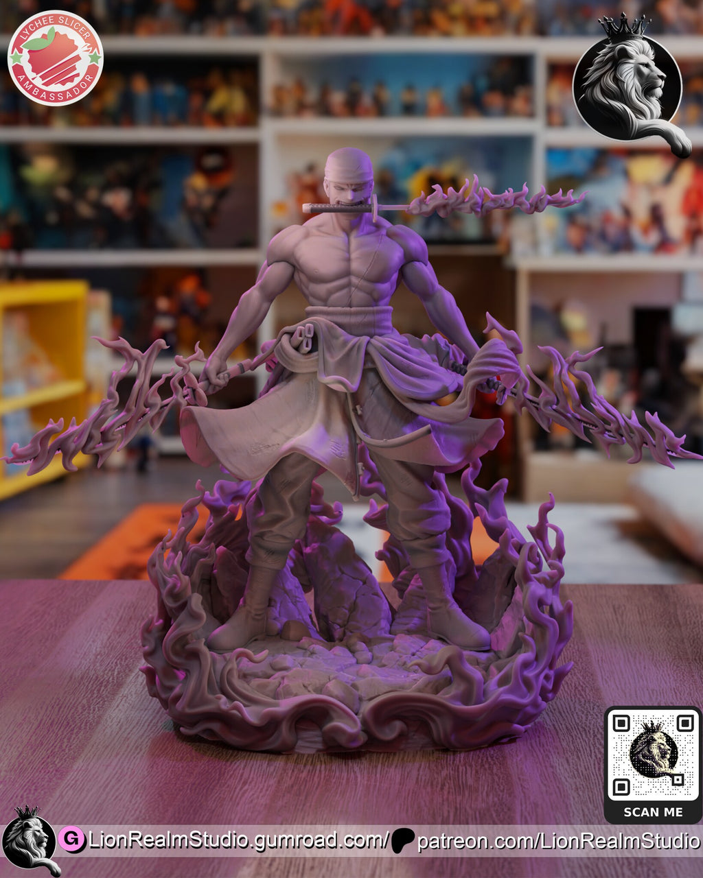 Sculptor's render (kit ships unpainted): unpainted gray view of the full figure on the flame-ring base