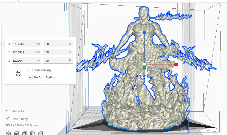 Studio scale sheet (kit ships unpainted): the studio's slicer screenshot of the assembled figure at 100% scale, 375.3 mm wide, 220.6 mm deep and 321.0 mm tall