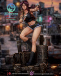 Sculptor's render of the painted design (kit ships unpainted): front full view of the mercenary with both pistols drawn, one boot up on the chained crate, on the dock base