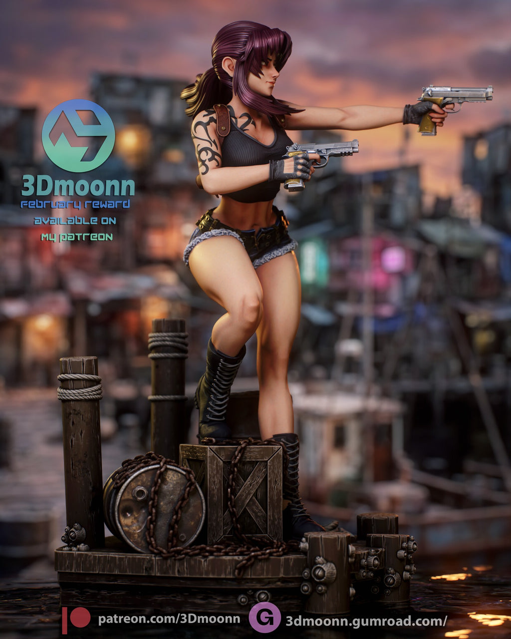 Sculptor's render (kit ships unpainted): three-quarter view of the extended pistol arm and the tattoo down her shoulder