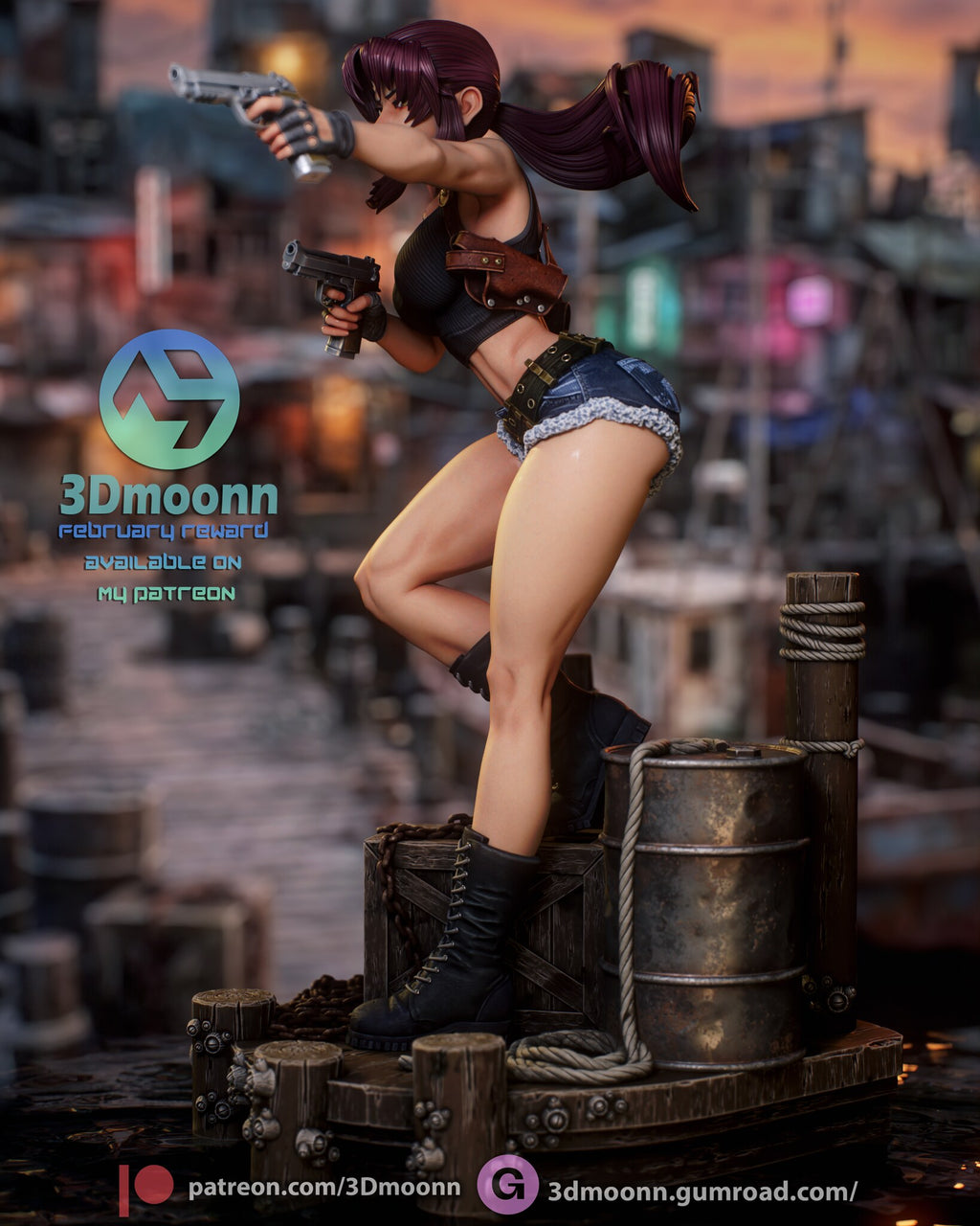 Sculptor's render (kit ships unpainted): side view of the turn, ponytail flying and the crate under her raised boot