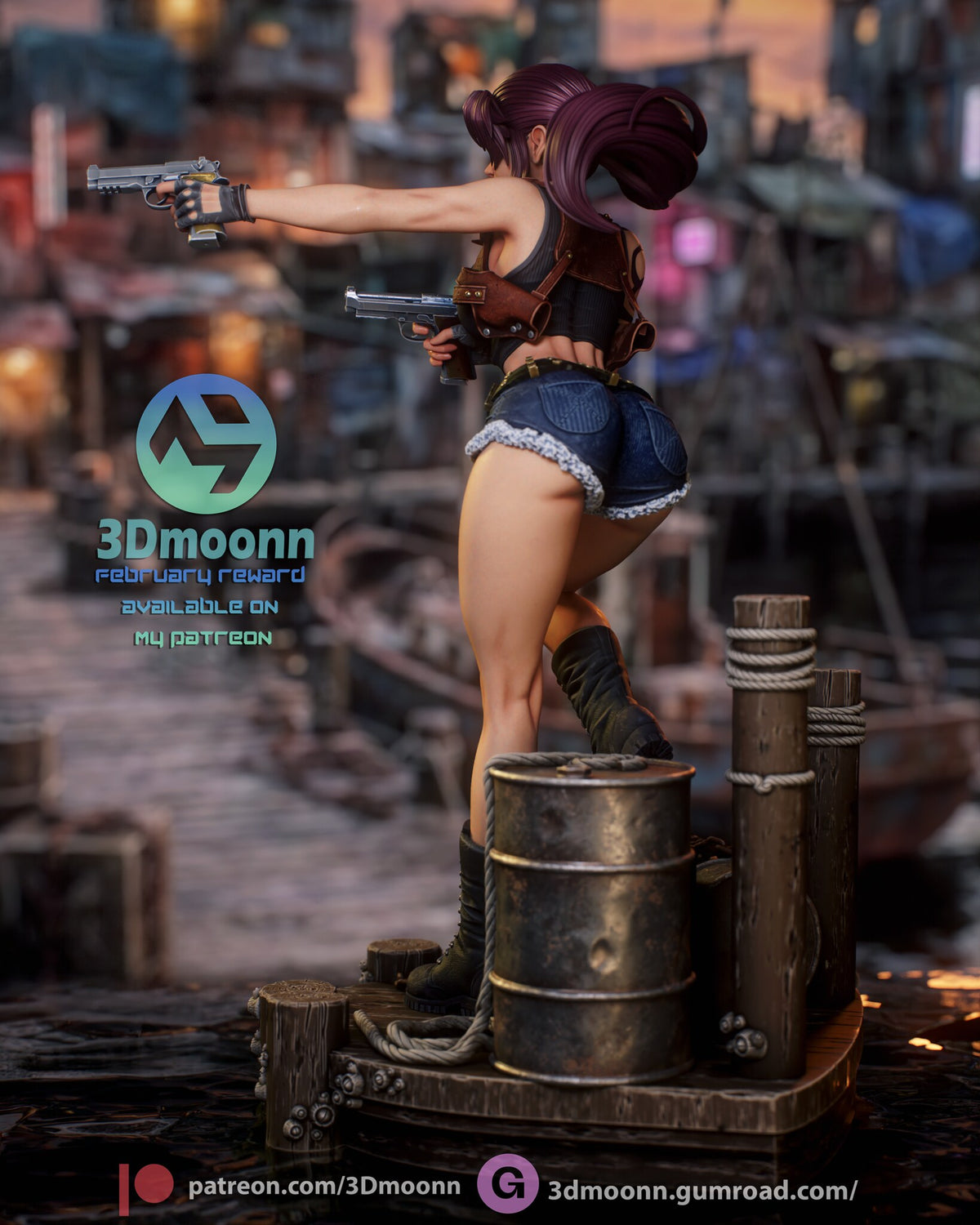 Sculptor's render (kit ships unpainted): rear three-quarter view of the holster strap across her back and the upright drum