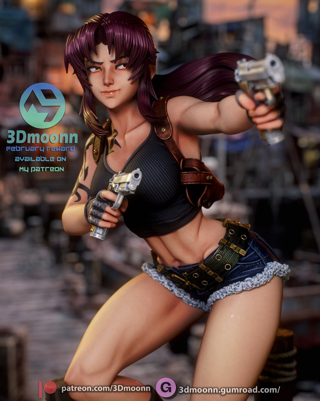 Sculptor's render (kit ships unpainted): close-up of the face, ponytail, holster and both pistols
