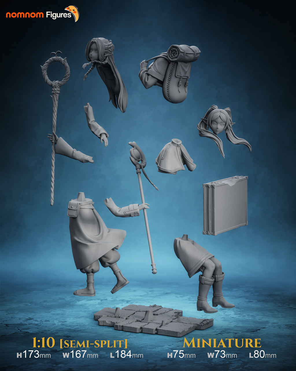 Studio scale and parts sheet (kit ships unpainted): the studio's sizes for the miniature (75 mm tall, 73 mm wide, 80 mm long) and the 1:10 scale; the exploded parts shown are the studio's 1:10 layout, and the miniature comes in 11 pieces