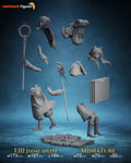 Studio scale and parts sheet (kit ships unpainted): the studio's sizes for the miniature (75 mm tall, 73 mm wide, 80 mm long) and the 1:10 scale; the exploded parts shown are the studio's 1:10 layout, and the miniature comes in 11 pieces