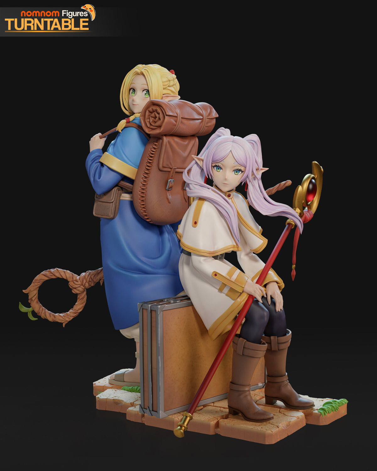 Sculptor's render of the painted design (kit ships unpainted): the white-haired elf mage seated on a travel trunk with her red staff, the blonde elf with a backpack standing behind her, on a flagstone base