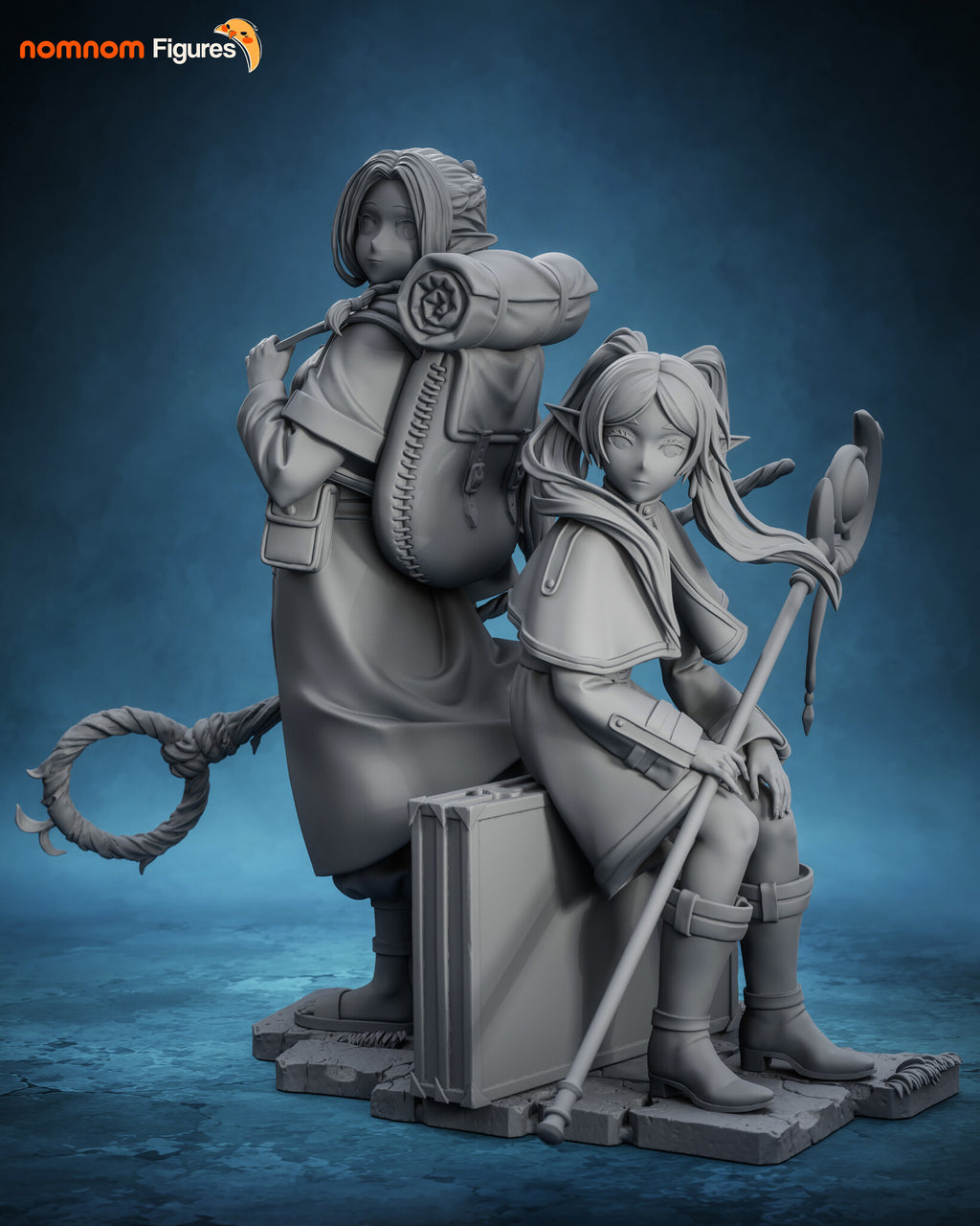 Sculptor's render (kit ships unpainted): unpainted gray front view of the two-figure scene