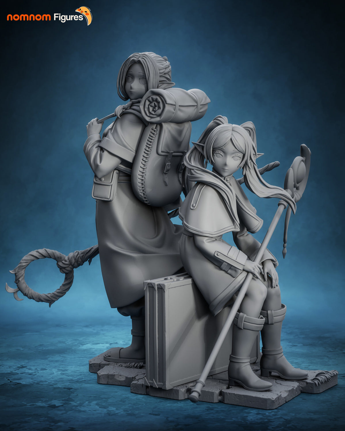 Sculptor's render (kit ships unpainted): unpainted gray front view of the two-figure scene