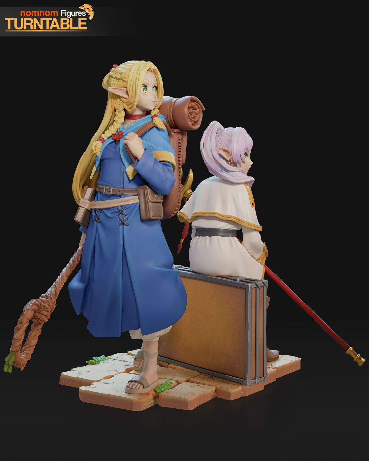 Sculptor's render (kit ships unpainted): the blonde elf from the front in her blue robe with belt pouches, the seated elf beside her on the trunk