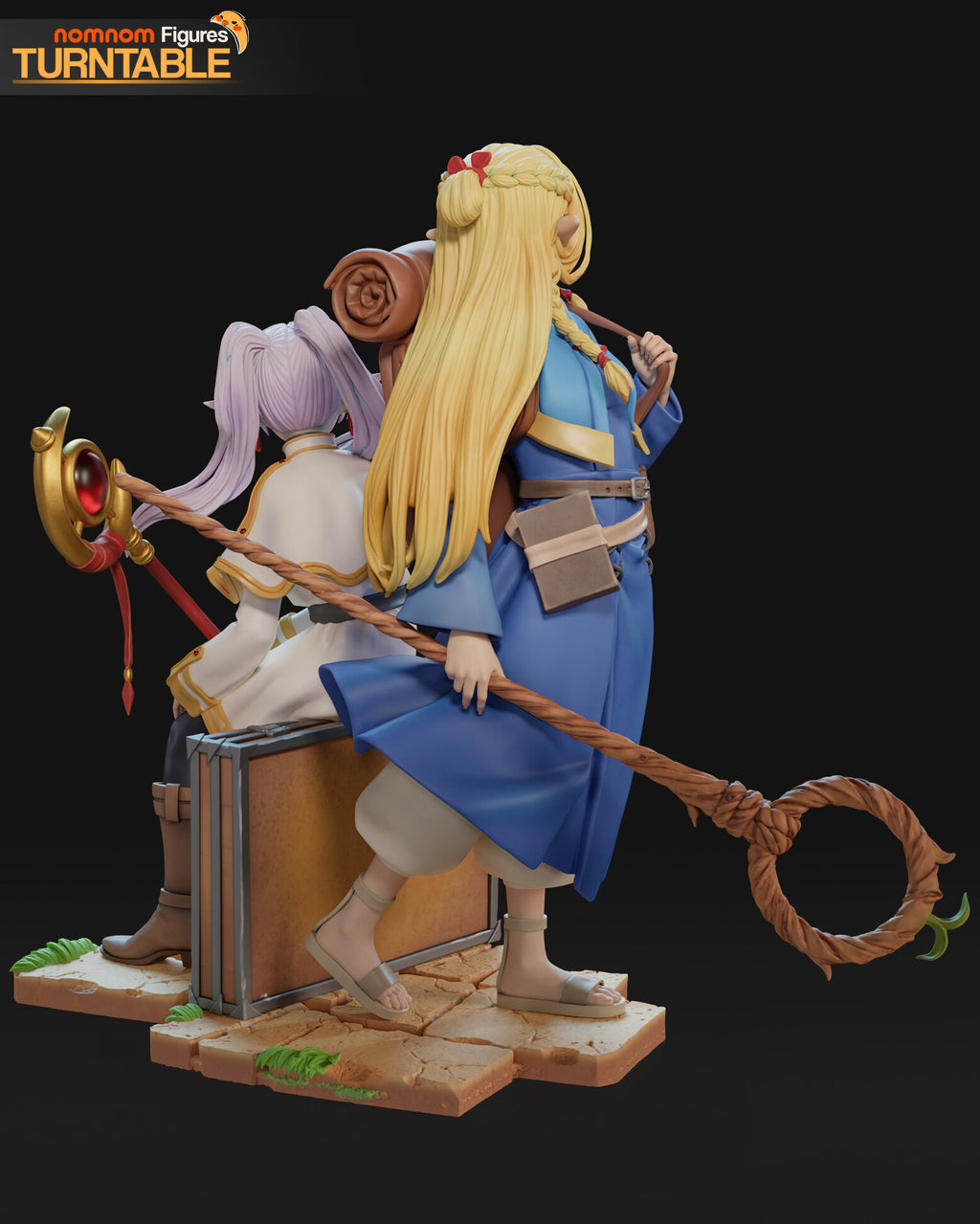 Sculptor's render (kit ships unpainted): view from behind the blonde elf with her long braided hair and the rope staff's looped head
