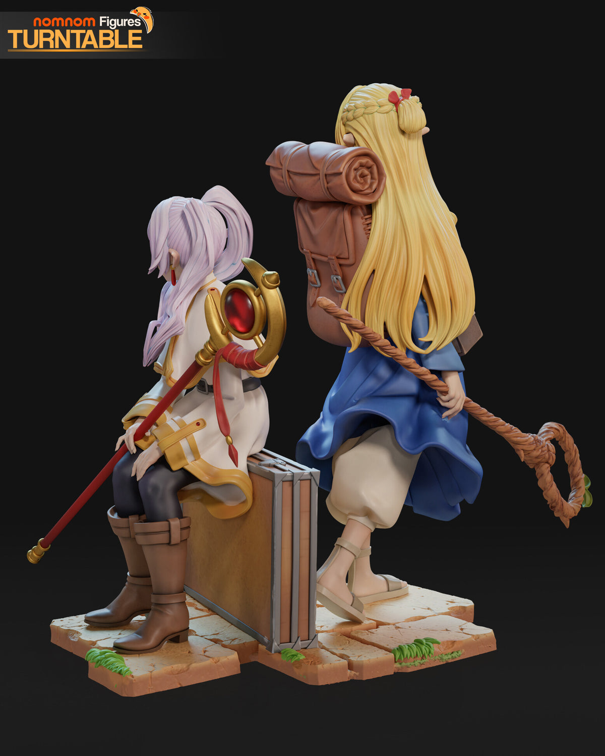 Sculptor's render (kit ships unpainted): rear view of both figures with the backpack and bedroll and the crescent gem staff