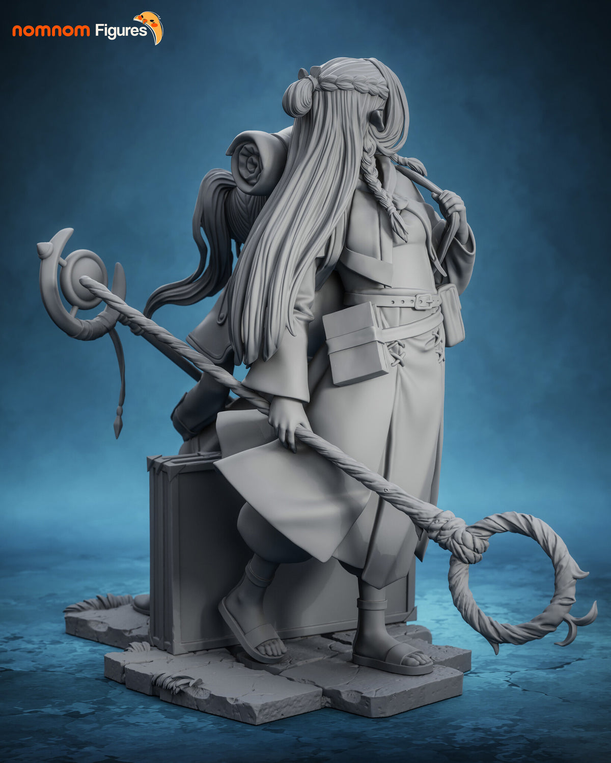 Sculptor's render (kit ships unpainted): unpainted gray rear view with the long hair and the rope staff