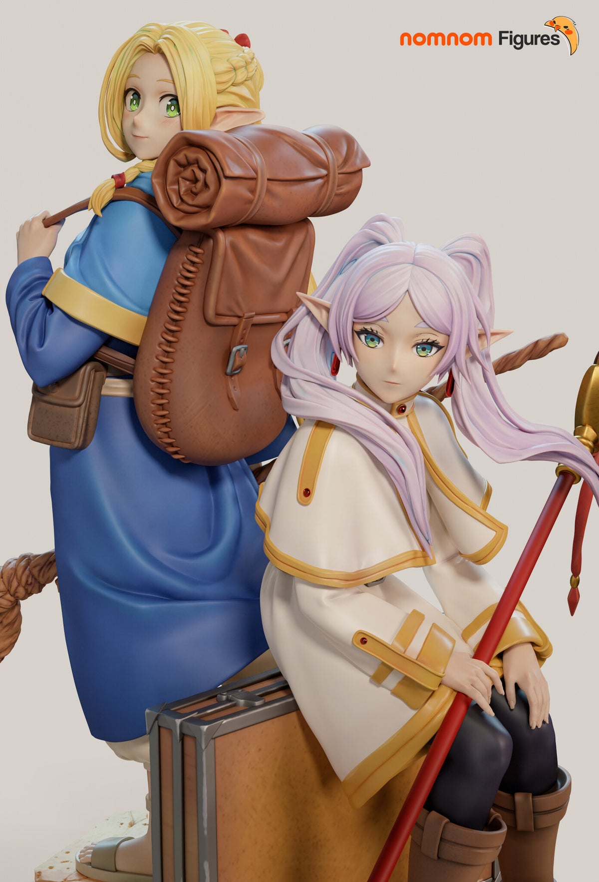 Sculptor's render (kit ships unpainted): closer view of the two elves, the blonde one looking back over her shoulder