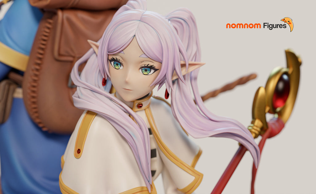 Sculptor's render (kit ships unpainted): close-up of the white-haired elf's face, twin tails and the red gem staff head