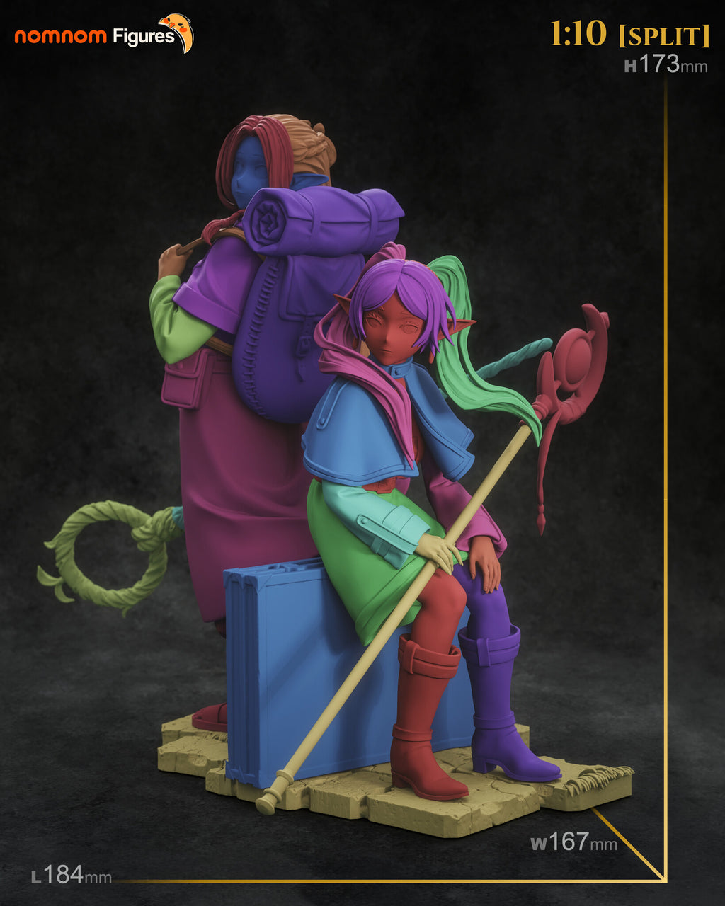 Studio scale sheet (kit ships unpainted): the 1:10 split version color-coded by part, with the studio's height, width and length