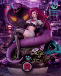Sculptor's render of the painted design (kit ships unpainted): front three-quarter view of the figure seated on the purple cobra's coils, with the saluting blue creature and the flowered base