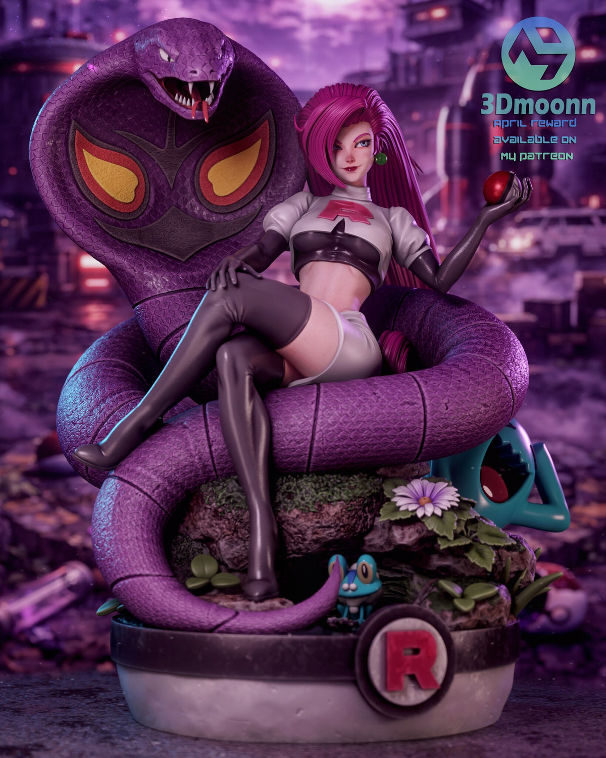 Sculptor's render (kit ships unpainted): straight front view showing the cobra's full hood pattern behind her
