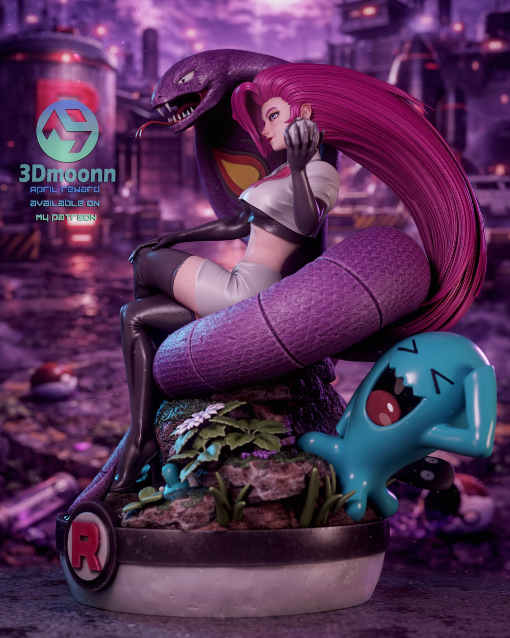 Sculptor's render (kit ships unpainted): side view showing the depth of the coils, the long hair and the blue creature's tail