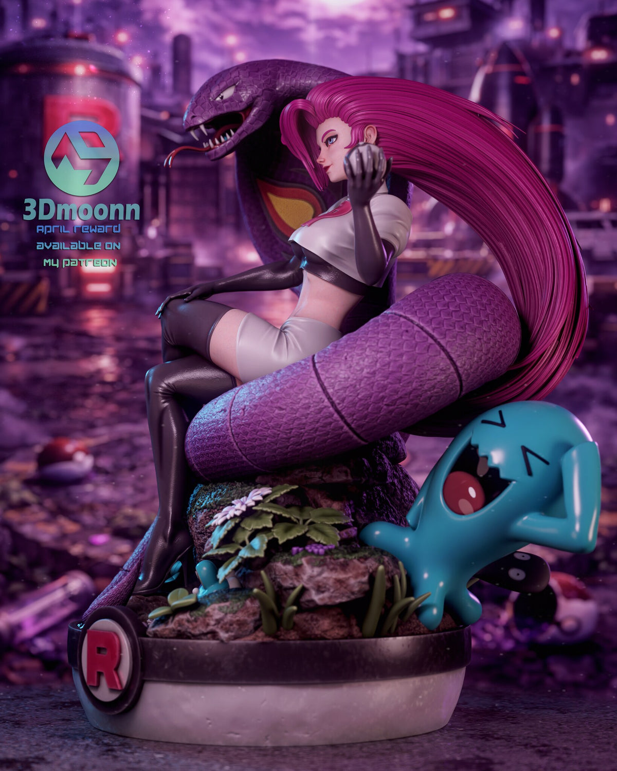 Sculptor's render (kit ships unpainted): side view showing the depth of the coils, the long hair and the blue creature's tail