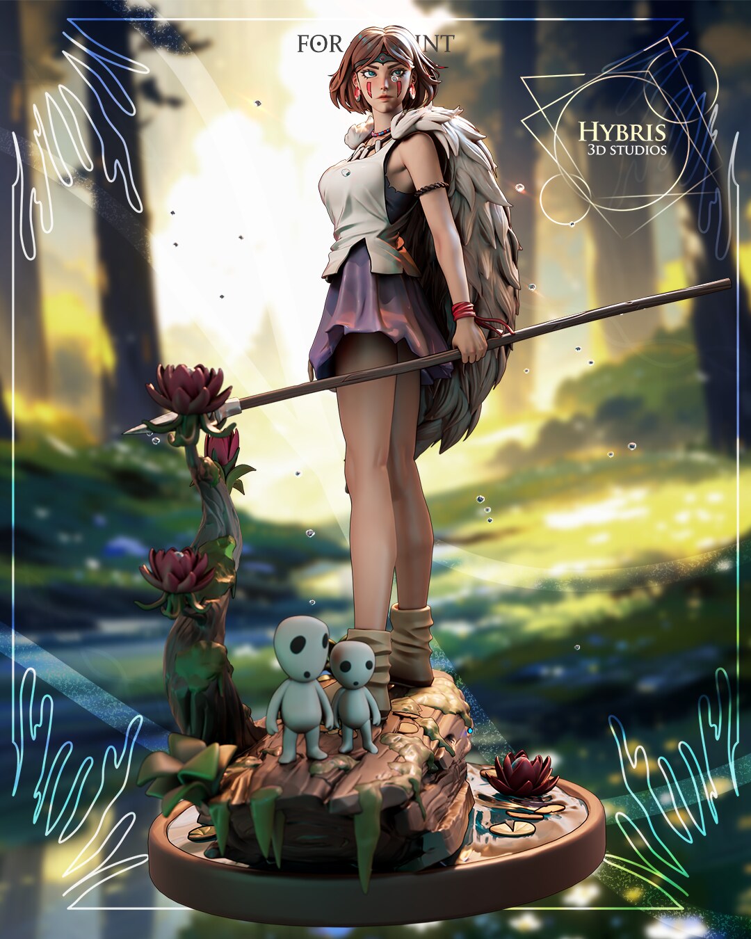 Sculptor's render of the painted design (kit ships unpainted): full front view of the figure in the tunic and skirt, standing on the mossy log over the lily pond, spear held at her side, with the blossom tree and two small tree spirits