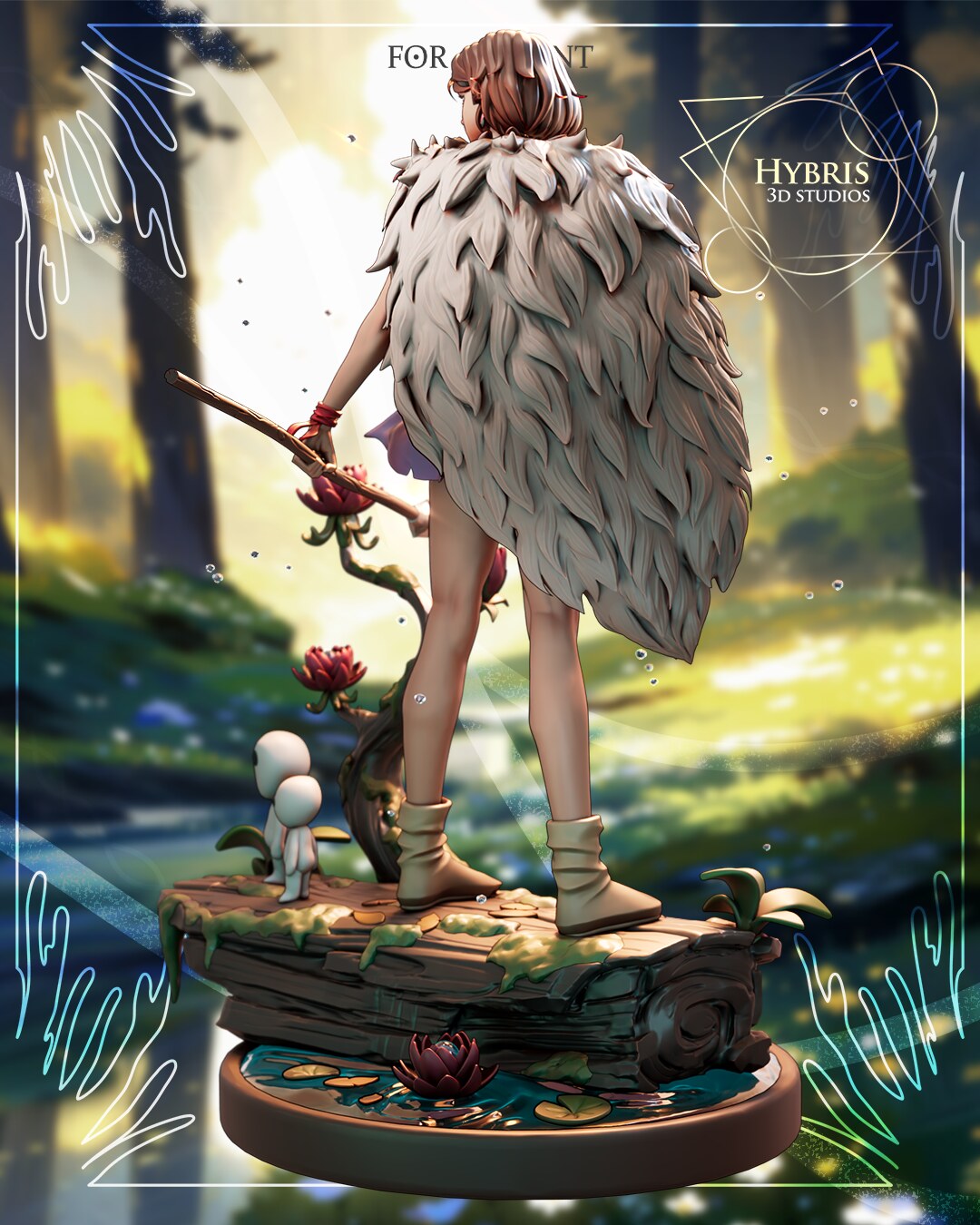 Sculptor's render (kit ships unpainted): full back view showing the white fur cape, the cut end of the log and the pond with its floating blossom