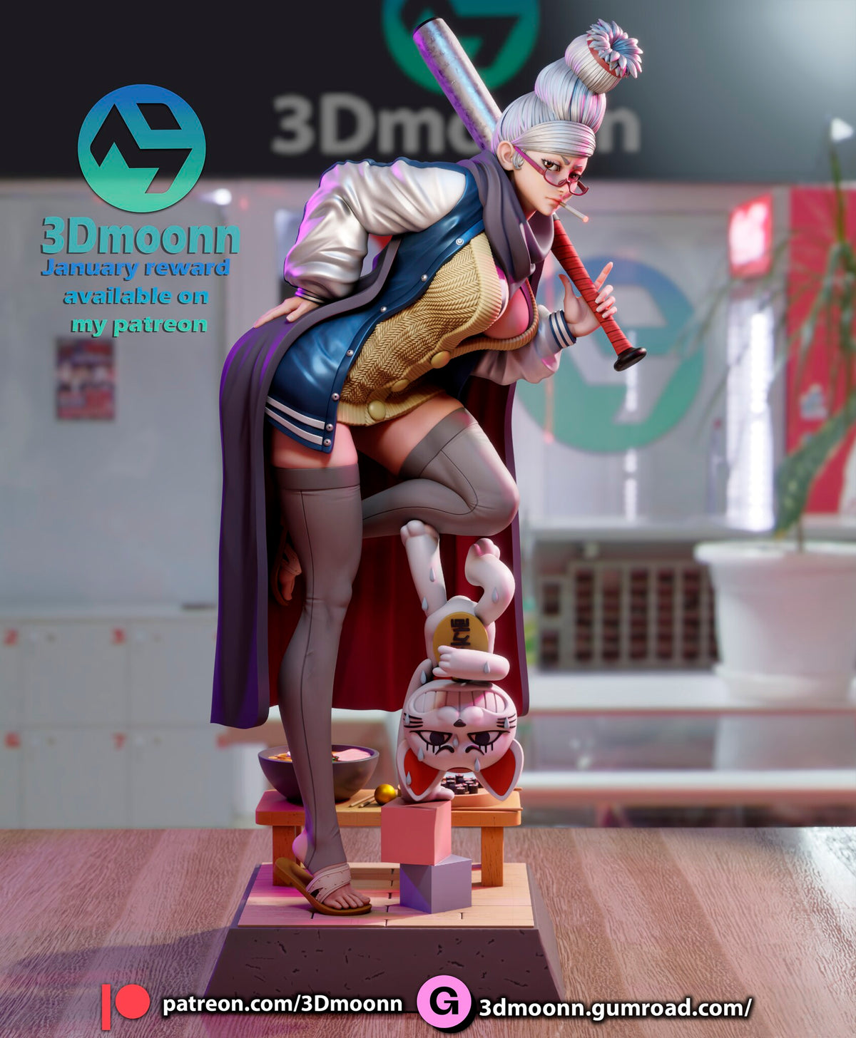 Sculptor's render of the painted design (kit ships unpainted): front full view of the white-haired figure leaning over her raised knee, bat on her shoulder, her shin resting on the upside-down lucky-cat figure on the plinth