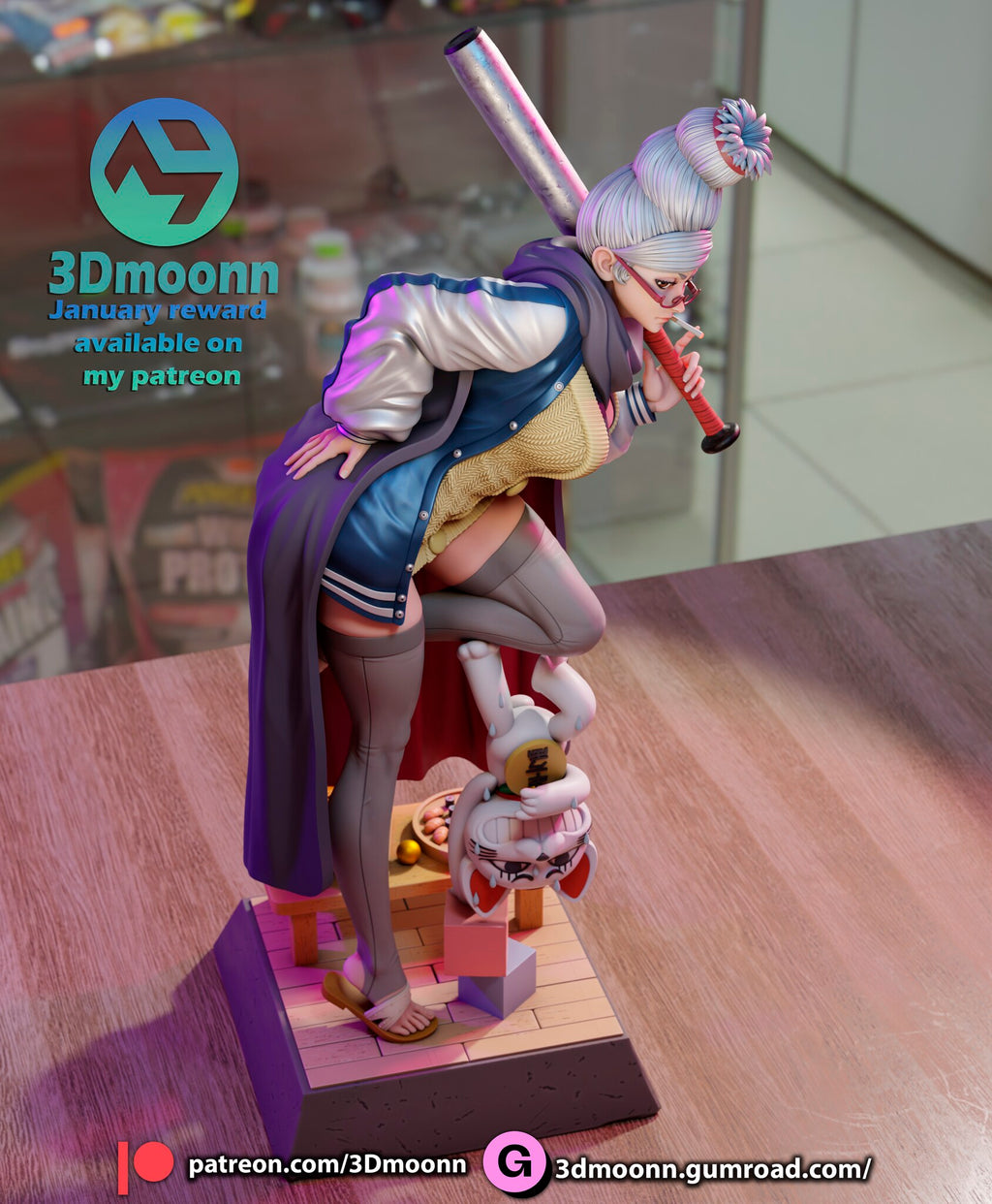 Sculptor's render (kit ships unpainted): high view from behind her shoulder looking down on the parquet floor and the stacked blocks