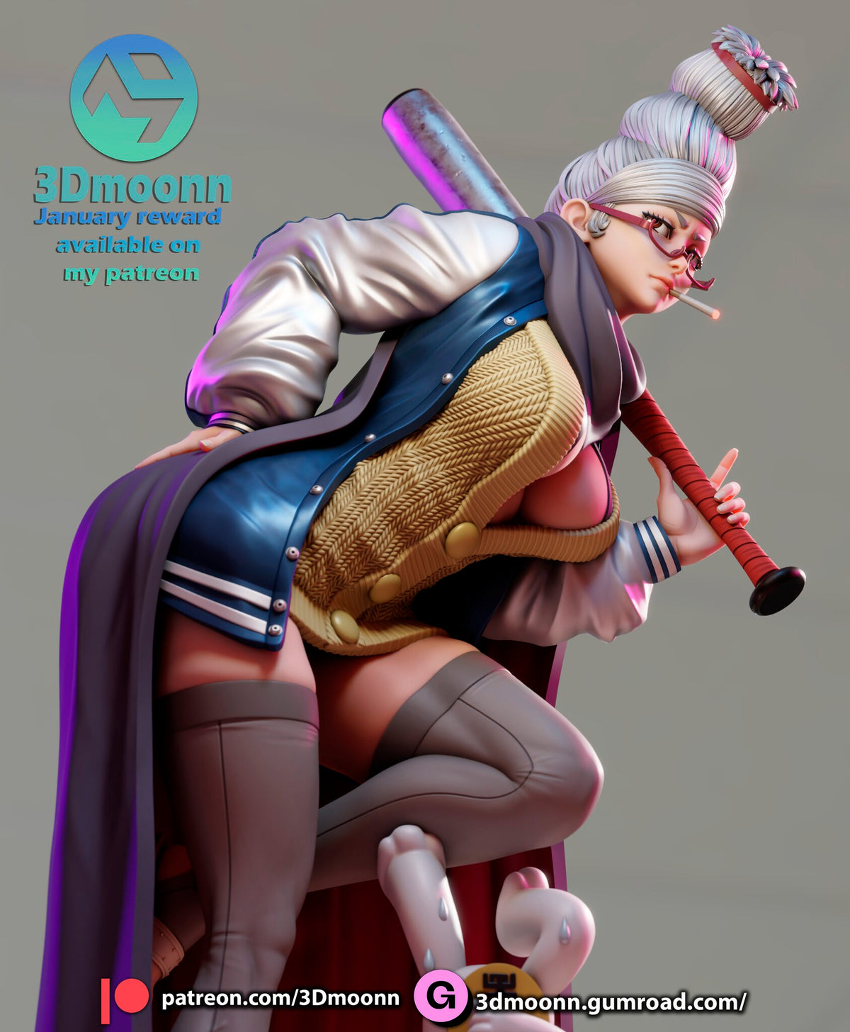 Sculptor's render (kit ships unpainted): head-to-knee view against a plain backdrop, hand on her hip and the cat figure's feet under her shin
