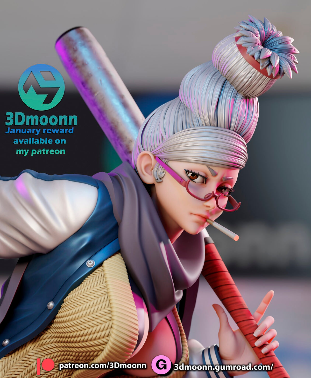 Sculptor's render (kit ships unpainted): close-up of the face with red glasses and a cigarette, and the scuffed bat on her shoulder