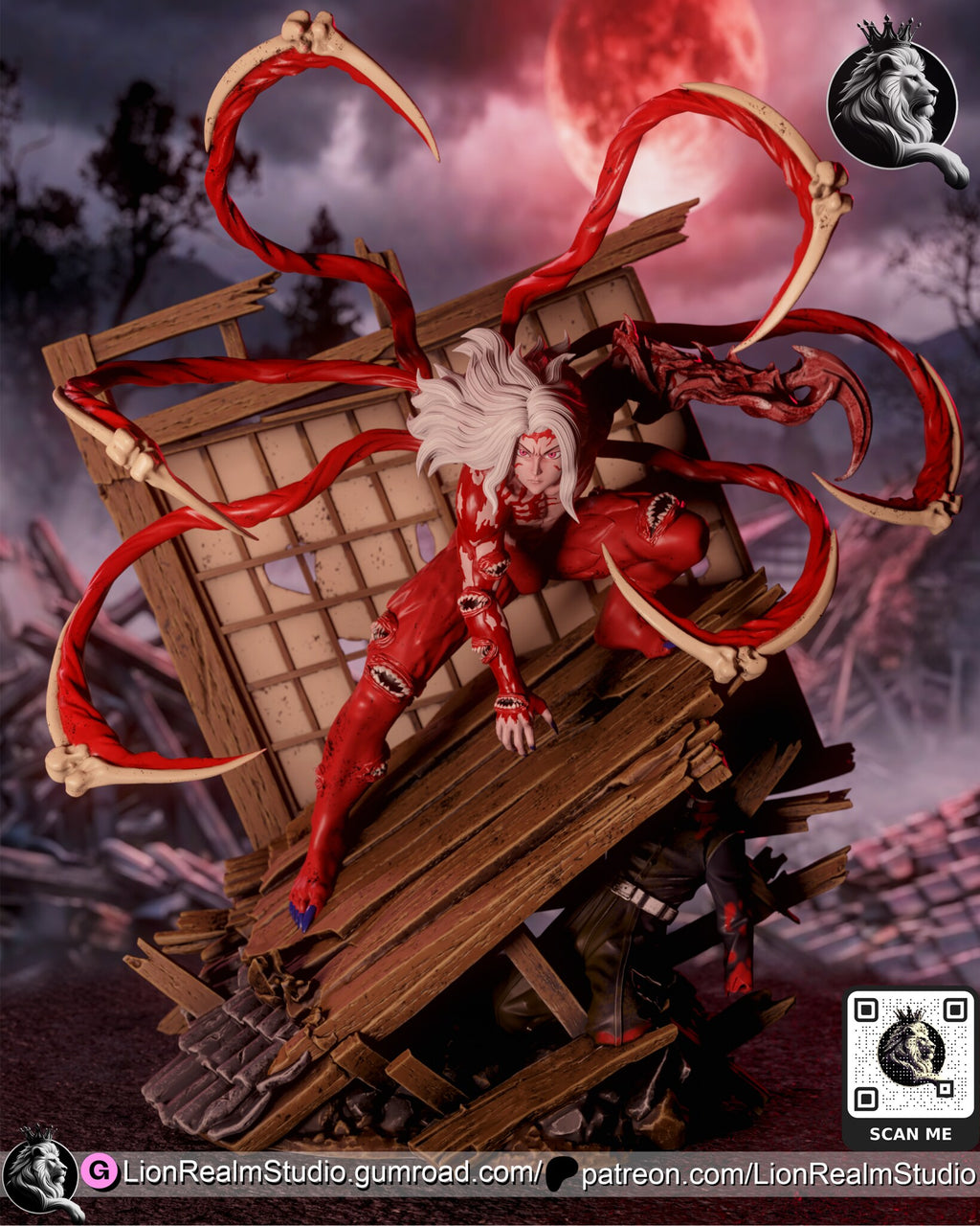 Sculptor's render of the painted design (kit ships unpainted): front three-quarter view of the white-haired demon crouched on the tilted floorboards, six bone-bladed whips arcing around the torn paper screen
