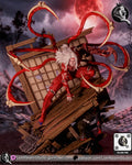 Sculptor's render of the painted design (kit ships unpainted): front three-quarter view of the white-haired demon crouched on the tilted floorboards, six bone-bladed whips arcing around the torn paper screen