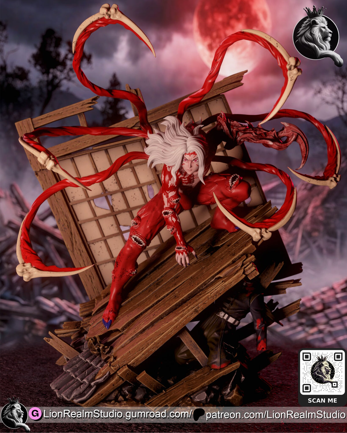 Sculptor's render of the painted design (kit ships unpainted): front three-quarter view of the white-haired demon crouched on the tilted floorboards, six bone-bladed whips arcing around the torn paper screen