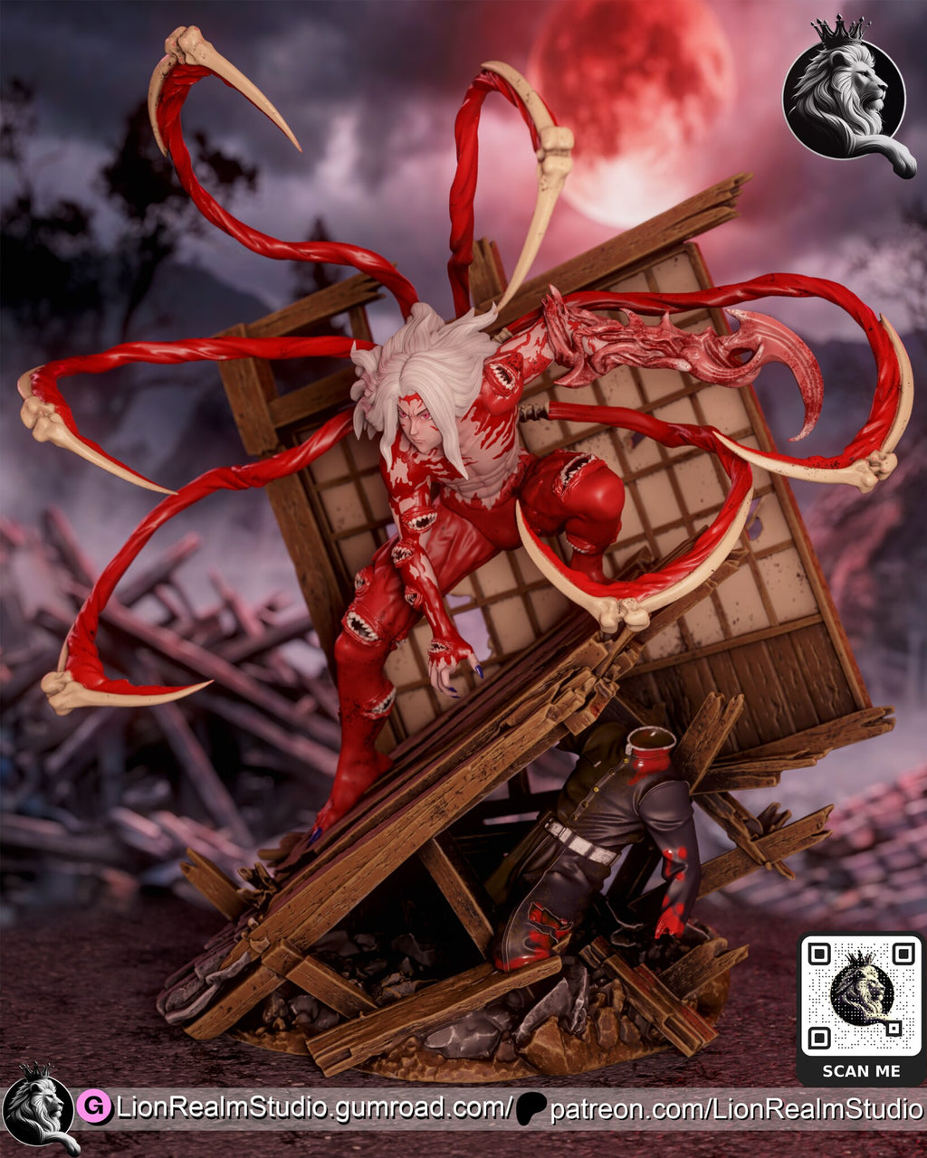 Sculptor's render (kit ships unpainted): view from his left with the blade arm swept out and the kneeling uniformed figure under the deck