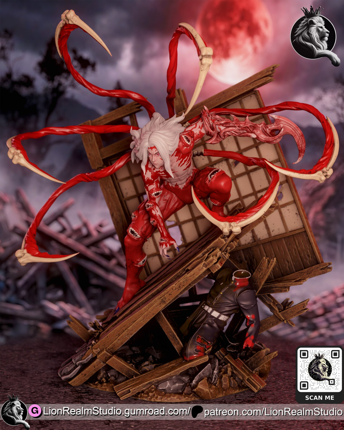 Sculptor's render (kit ships unpainted): view from his left with the blade arm swept out and the kneeling uniformed figure under the deck
