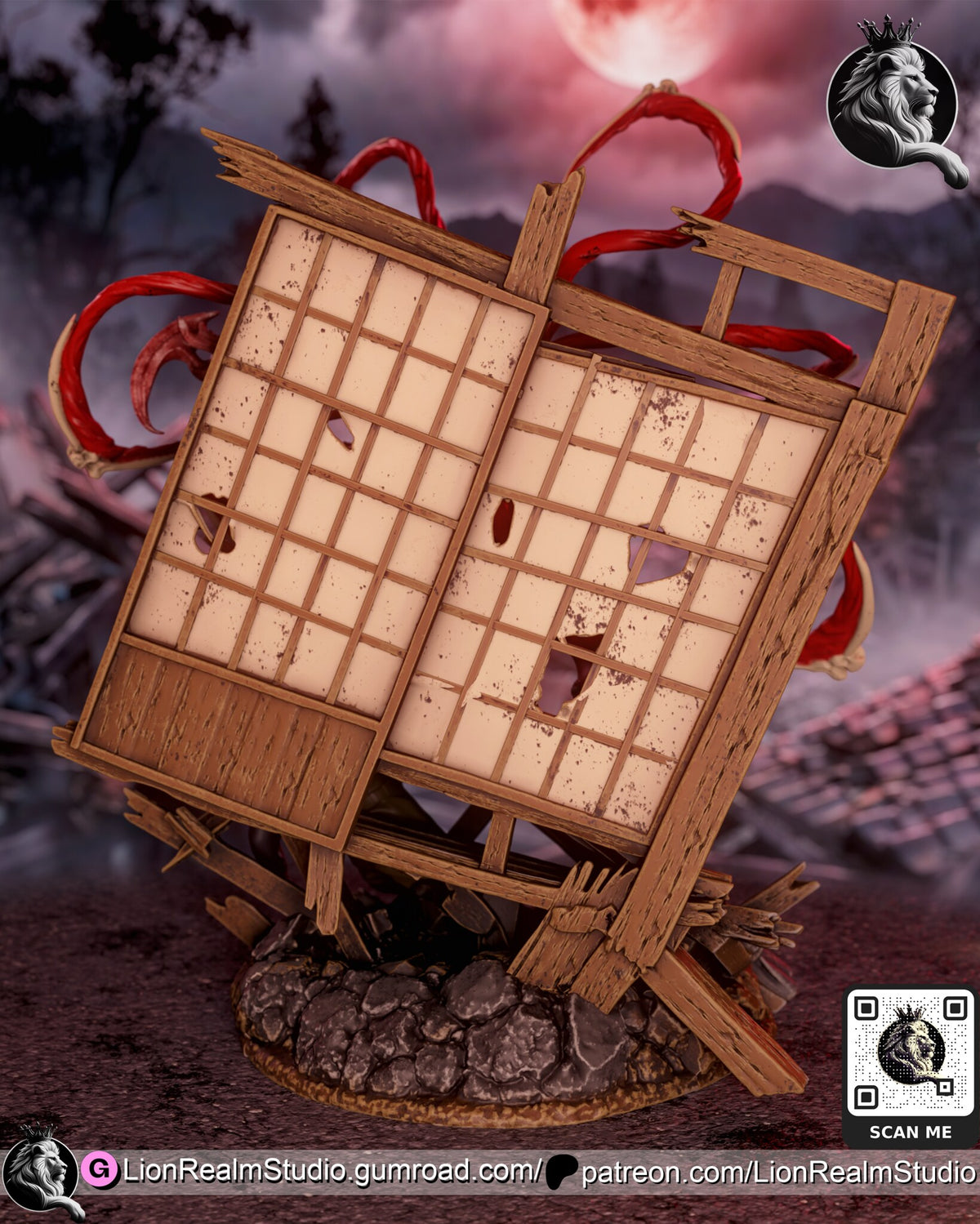 Sculptor's render (kit ships unpainted): rear view of the paper screen in its weathered frame, with the whips reaching past both sides