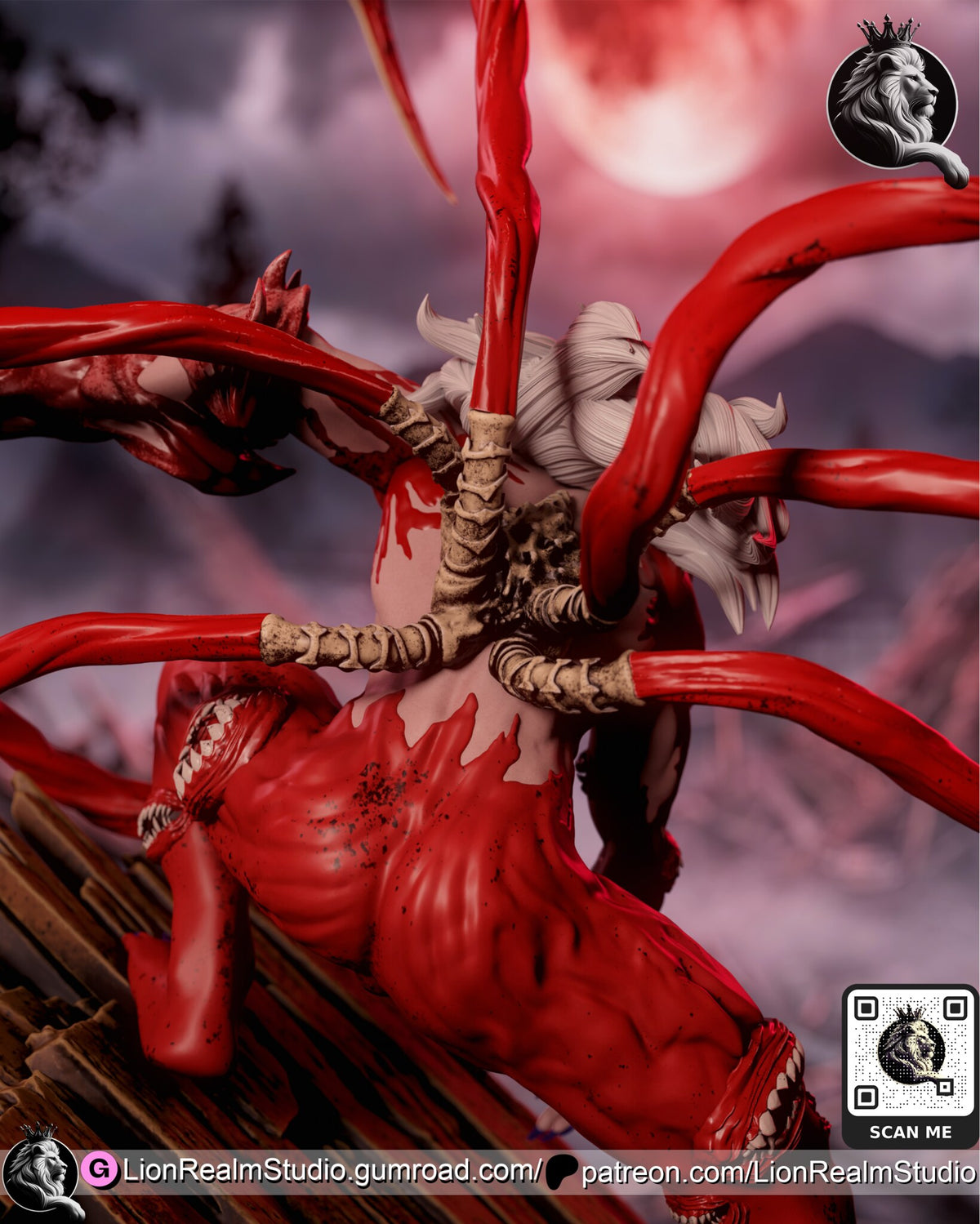Sculptor's render (kit ships unpainted): close view of his back, where the whips grow from a cluster of bone stalks between the shoulders