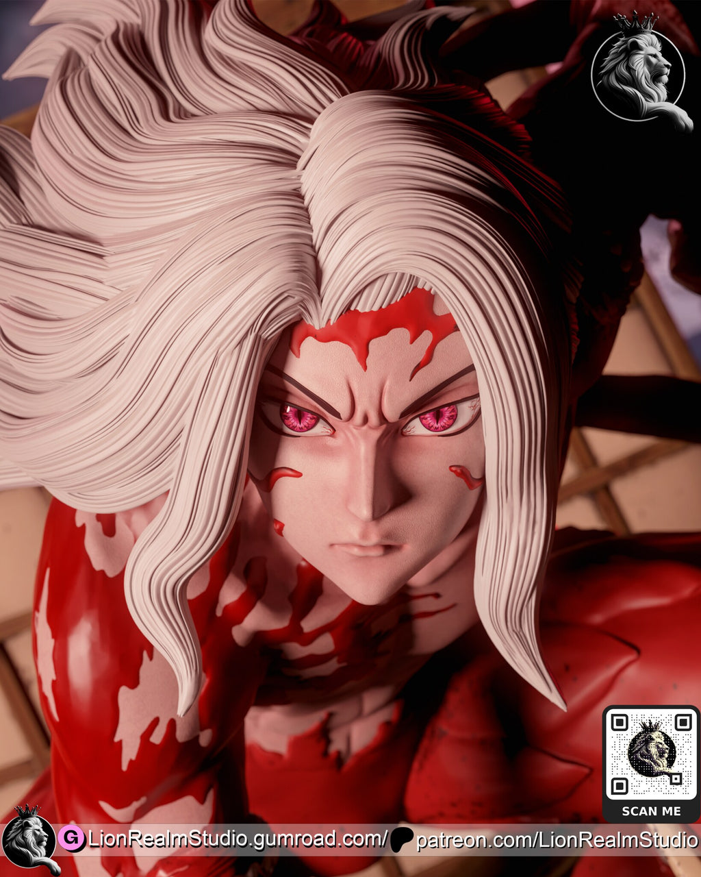 Sculptor's render (kit ships unpainted): close-up of the face with slit-pupil magenta eyes and blood running from the hairline