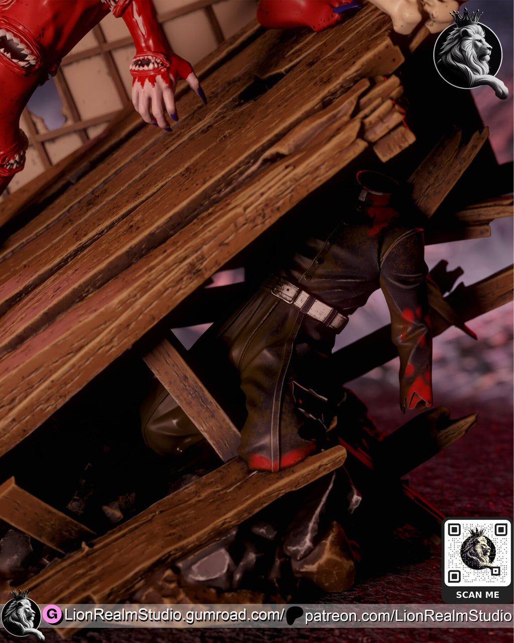 Sculptor's render (kit ships unpainted): close-up under the deck: the kneeling headless figure in a black uniform among the broken planks