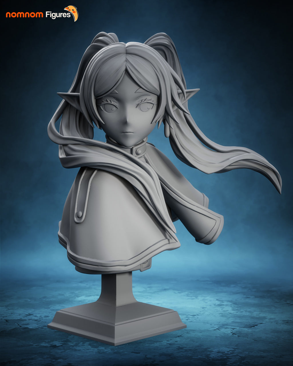 Sculptor's render of the design, shown in gray (kit ships unpainted): bust of the white-haired elf mage with twin tails sweeping out to the sides and a capelet over a high-collared coat, on a square plinth
